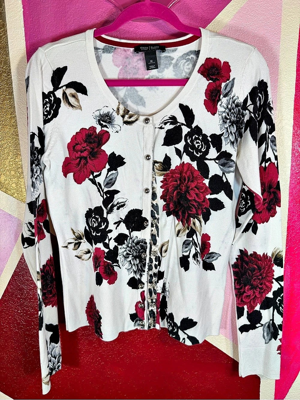 White House Black Market Medium Floral Cardigan Leopard Placket Snap Front Ivory